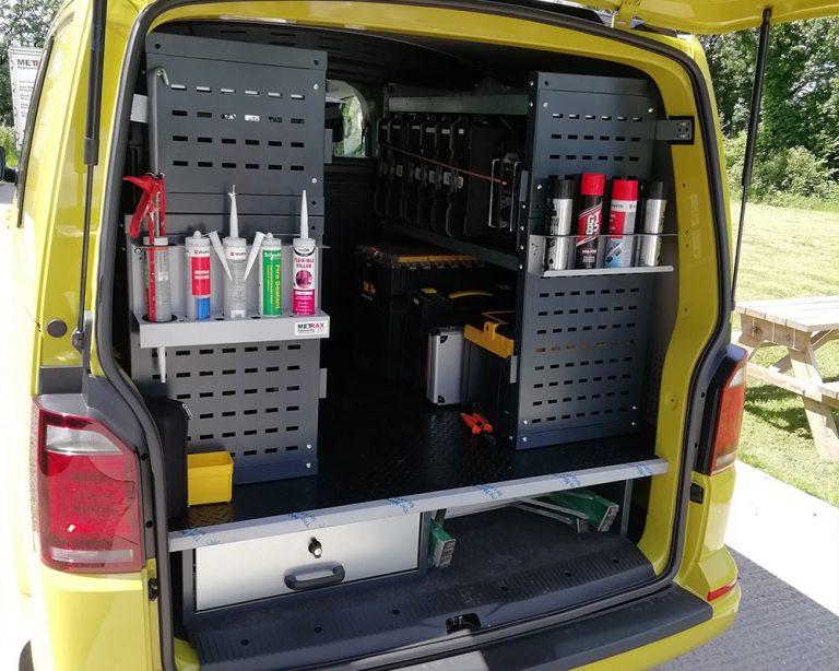 van shelving solution, showing a neat and tidy van with tools and other goods easy to access