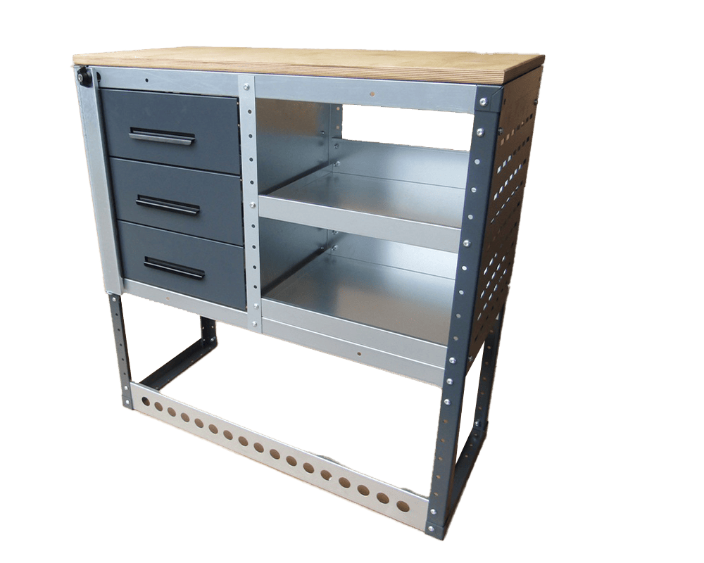 van shelving unit with a set of three drawers on the left side.